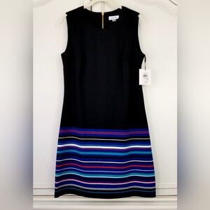 Calvin Klein Black Blue Stripe Sleeveless Stretch Knit Sheath Dress 10 NWT